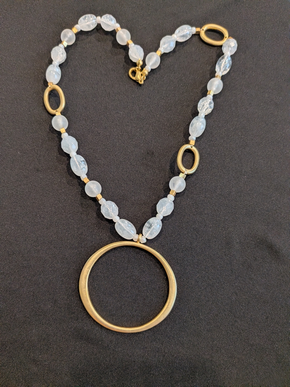 Gold Hoop Pendant Necklace 11" with Light Blue Beads